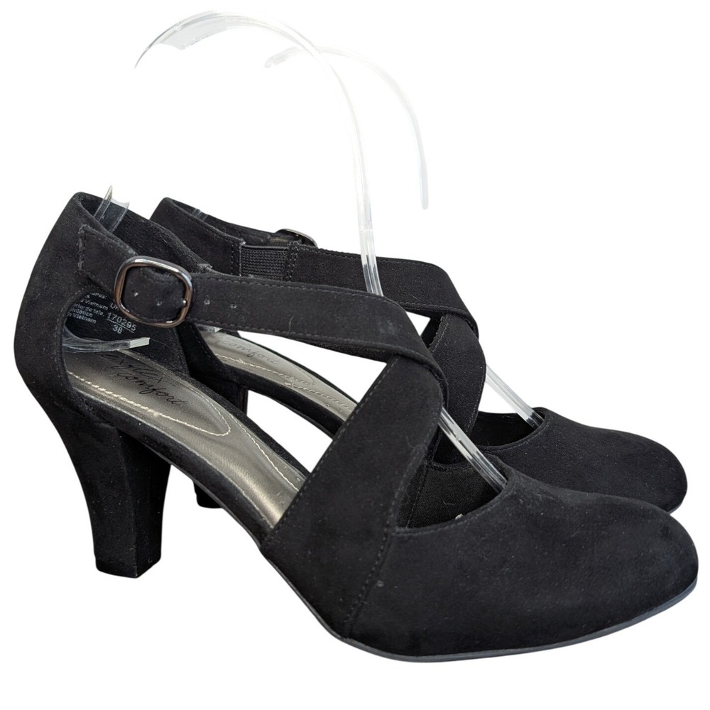 Dexflex Comfort Women's 7 Black‎ Faux Suede Criss Cross Retro Classic Heels